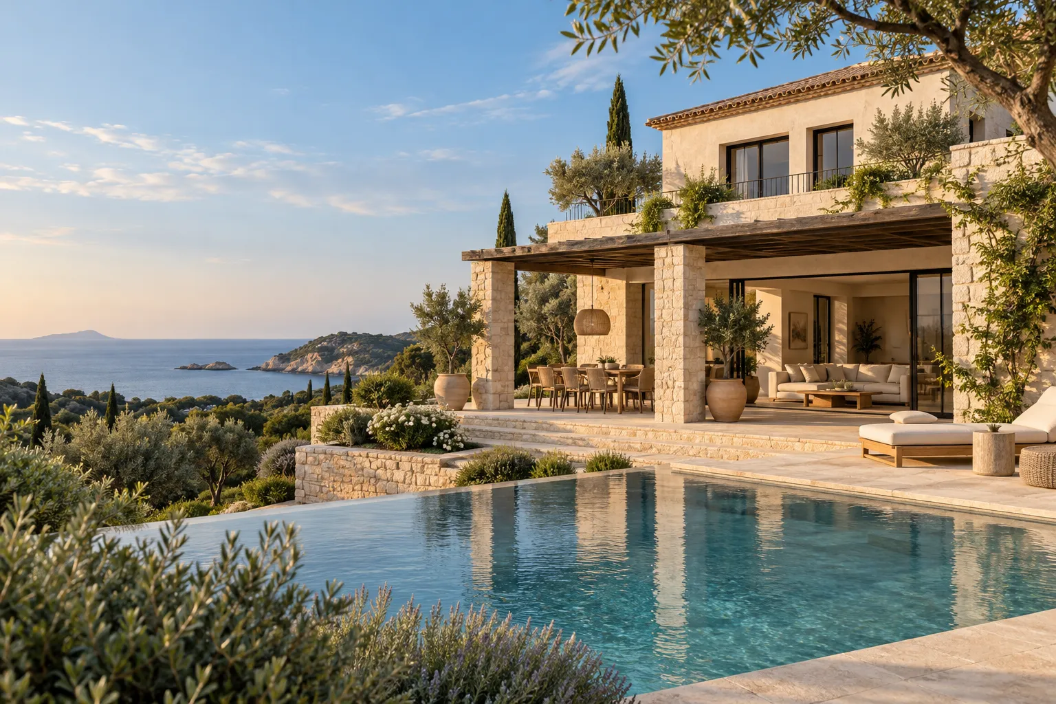 Deniz manzaralı taş villa ve havuz, örnek emlak danışmanı sitesi