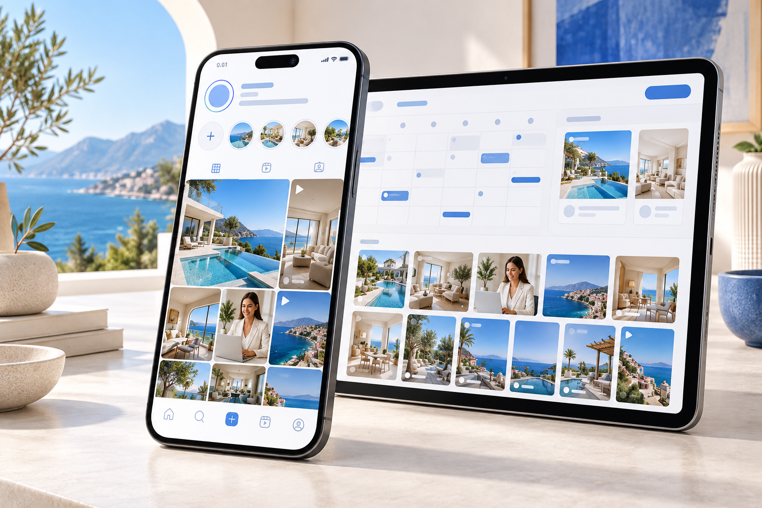 Emlak ofisi sosyal medya yönetimi için telefon paylaşım akışı ve içerik planı mockup görseli